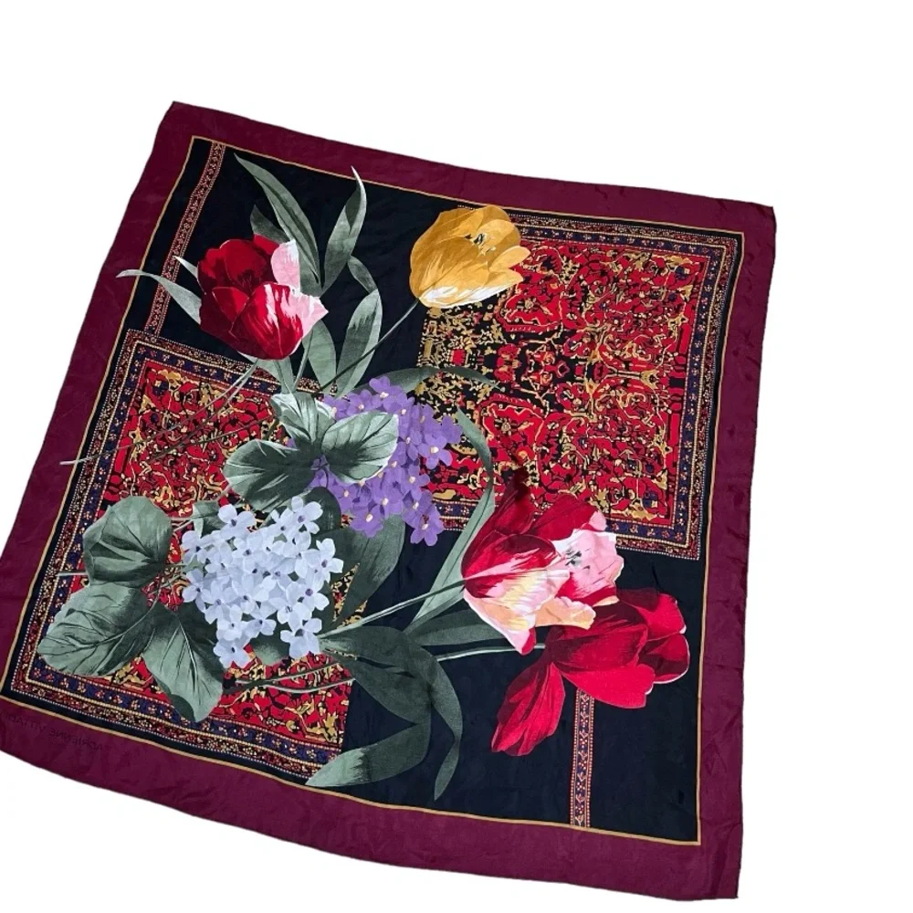 Adrienne Vittadini Silk Floral Tulip Scarf Burgundy Red Garden Print